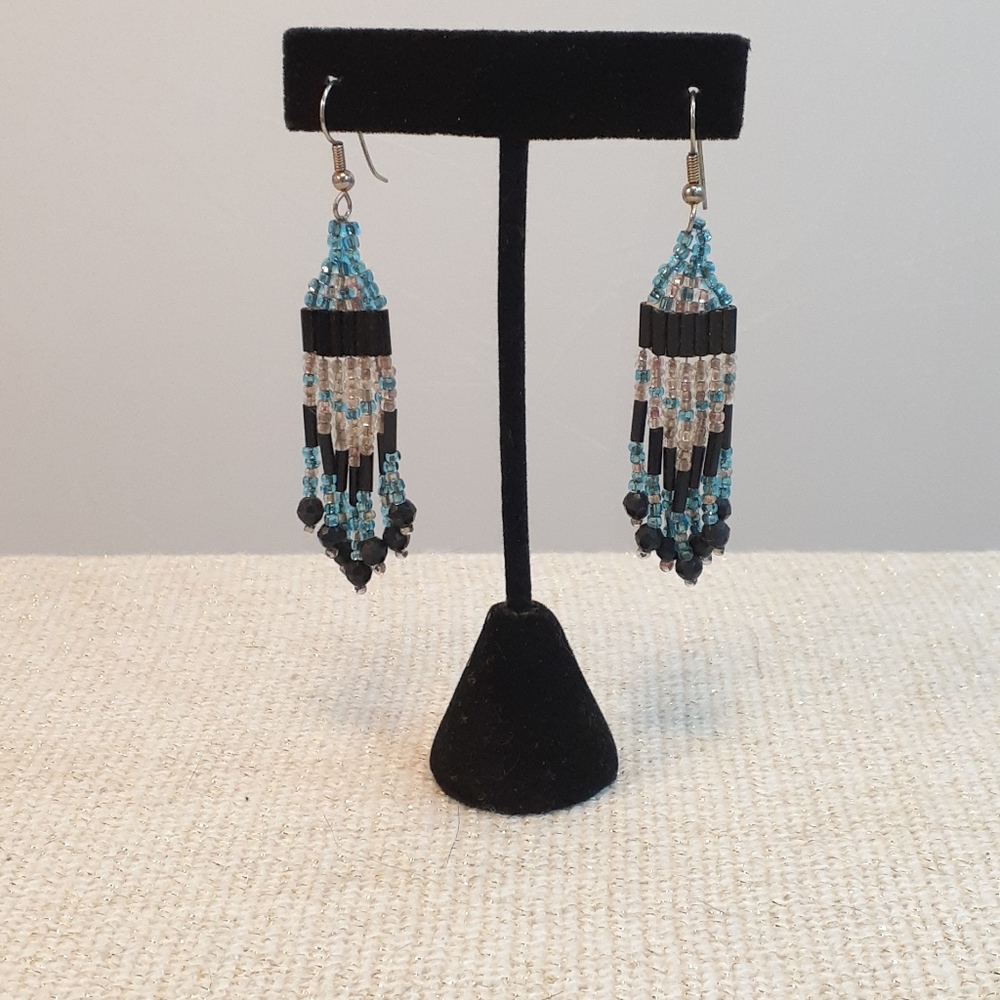 Beaded Hand Stitched Fringe Dangle Earrings